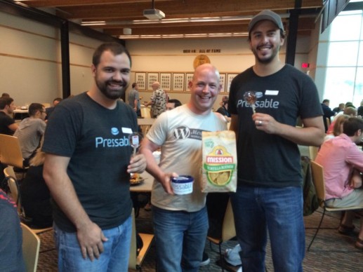 Jeff & Zach from Pressable exchanging salsa & chips for maple lollipops