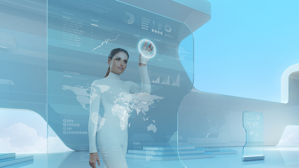 Woman touching a futuristic looking computer interface