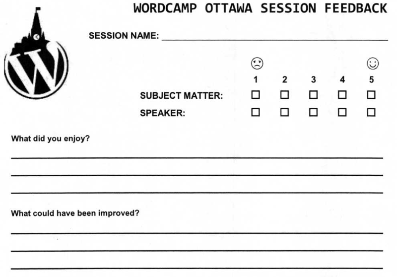 A photo of the feedback form used at WordCamp Ottawa