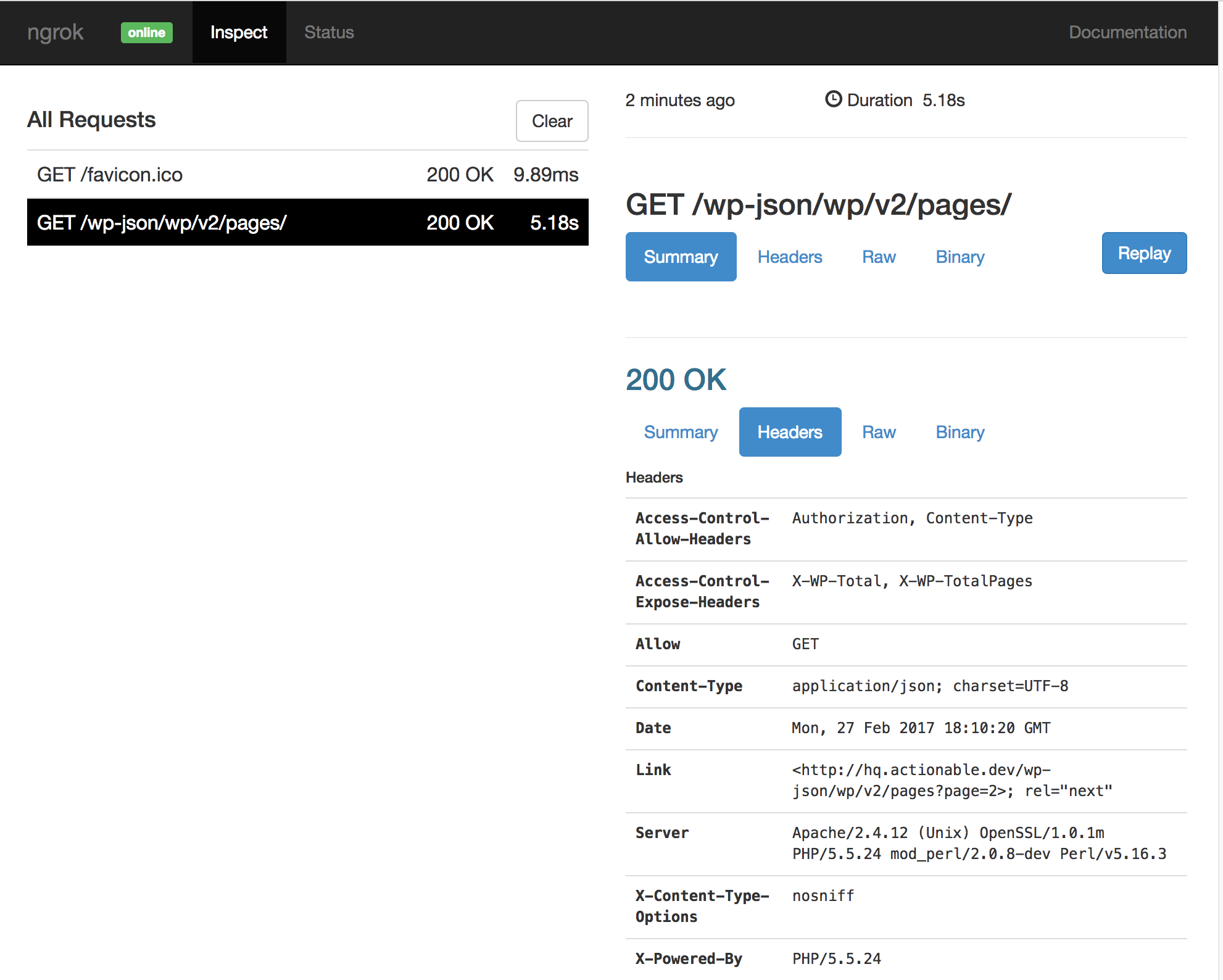 Screenshot of ngrok's web inspector GUI