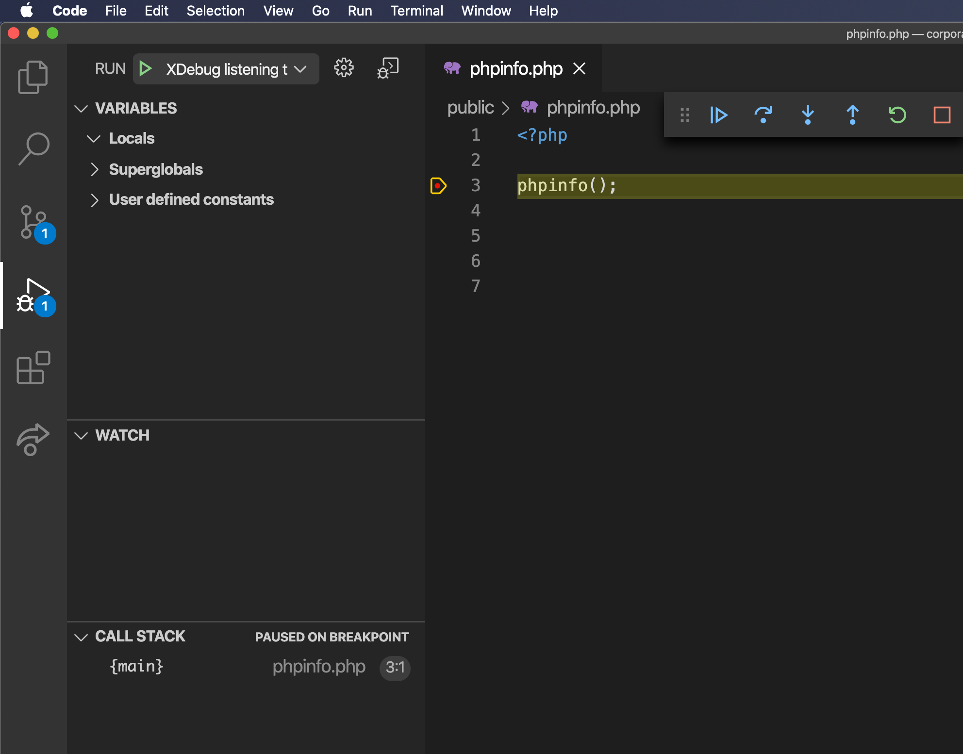 Screenshot of the VS Code Debugger