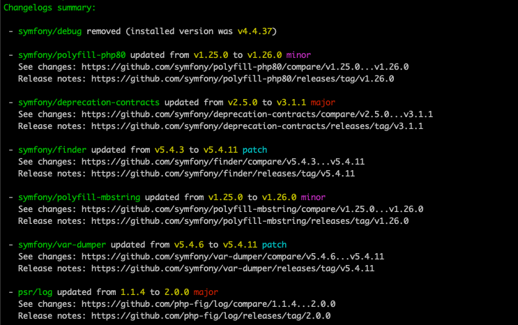 Screenshot of the output from pyrech/composer-changelogs