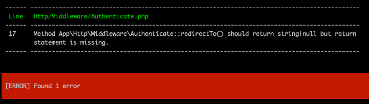 PHPStan output showing 1 error found in Authentiation Middleware.