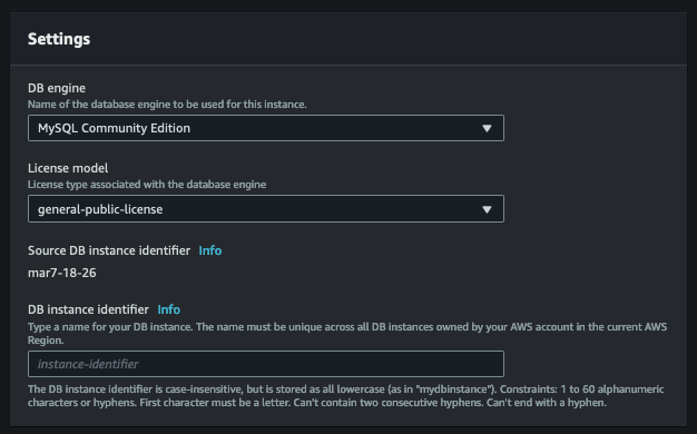 RDS Instance Settings tab in the point in time restore screen. 

Asks for database engine, license model, source DB instance identifier and new DB instance identifier.