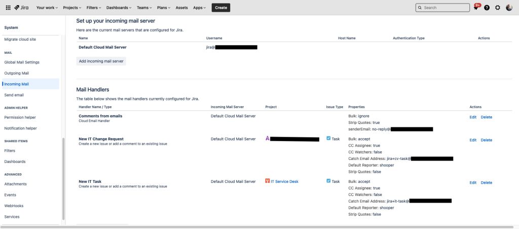 Screenshot of the "Set up your incoming mail server" configuration screen in the System dashboard of JIRA cloud.

This screen includes mail server and handlers to configure checking email and turning those messages into tickets.