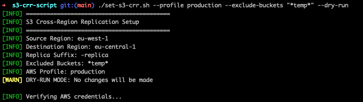 Output of the S3 replication script's header in the terminal window.