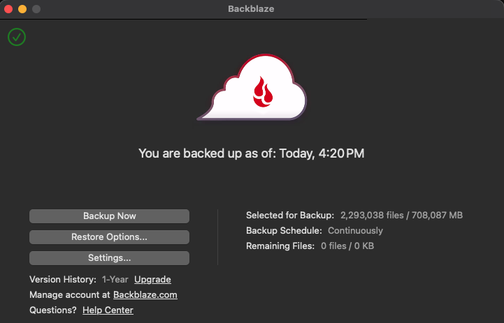 The backblaze client screen. It shows the time that my computer was last backed up, how many files are selectedfor backup and now many remain to be backed up. 