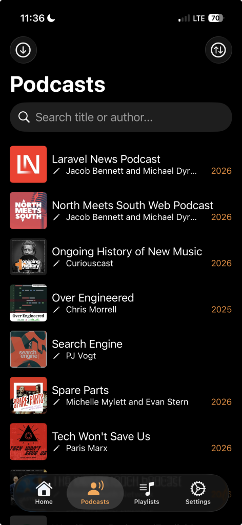 plappa.me podcast player on iOS. Screen shows list of subscribed podcasts on the Audiobookshelf server.