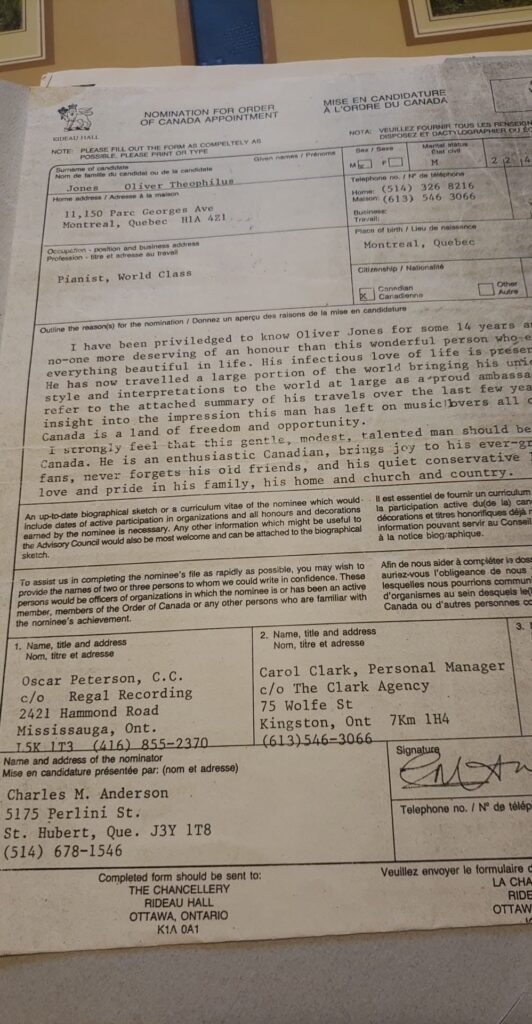 Papers nominating Oliver Jones to the Order of Canada. Submitted by Charles M. Anderson ("Andy Anderson").